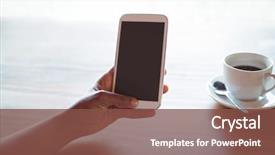  Presentation with mobile phone in woman hand - PPT theme consisting of hand of woman using mobile background and a tawny brown colored foreground