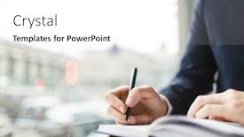  Presentation with entrepreneur - Presentation theme featuring hand of writer or entrepreneur with pen over open notebook background and a white colored foreground