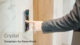  Presentation with elevator - PPT theme having hand-of-young-businessman-pushing background and a coral colored foreground