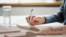  Presentation with pen - Slide deck with hand-of-young-businesswoman-holding and a  colored foreground