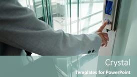  Presentation with elevator - Presentation having hand-of-young-businesswoman-pressing background and a mint green colored foreground