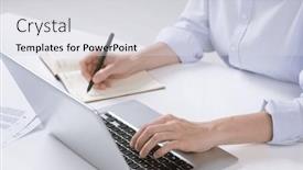  Presentation with keys - Slide deck enhanced with hand-of-young-businesswoman-pushing background and a light gray colored foreground