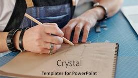  Presentation with hand holding pencil - Cool new PPT theme with hand-of-young-craftsman backdrop and a coral colored foreground