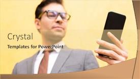  Presentation with scrolling - Colorful presentation theme enhanced with hand of young elegant lawyer holding smartphone while scrolling through messages or texting one of clients backdrop and a blonde colored foreground