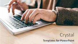  Presentation with data analyst - PPT layouts having hand of young male employee or analyst over laptop keypad during work with new data by wooden table in office background and a lemonade colored foreground