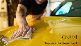  Presentation with car cleaning - Presentation enhanced with hand-of-young-male-technician background and a gold colored foreground