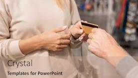  Presentation with pay - Beautiful theme featuring hand of young man passing his wife credit card to pay for purchase while shopping in the mall during seasonal sale backdrop and a coral colored foreground