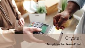  Presentation with credit card - Presentation design enhanced with hand-of-young-man background and a coral colored foreground