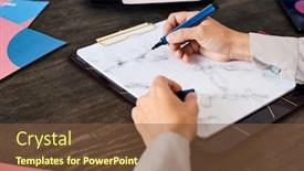  Presentation with business plan blue - Colorful slide deck enhanced with hand-of-young-manager backdrop and a tawny brown colored foreground