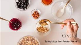  Presentation with muesli - Presentation design with hand-of-young-woman background and a coral colored foreground