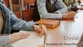  Presentation with hand holding pencil - Slides enhanced with hand-of-youthful-girl-holding background and a coral colored foreground