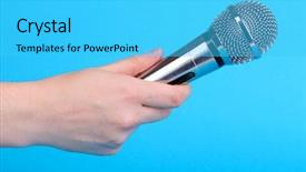  Presentation with microphone - Slide set having hand on blue background background and a cyan colored foreground