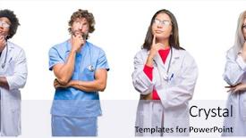  Presentation with nurse thinking - Presentation design with collage of group of doctor nurse surgeon people over isolated background with hand on chin thinking about question pensive expression smiling with thoughtful face doubt concept background and a lemonade colored foreground