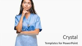  Presentation with hand surgeon - PPT layouts with young arab doctor surgeon woman over isolated background with hand on chin thinking about question pensive expression smiling with thoughtful face doubt concept background and a white colored foreground