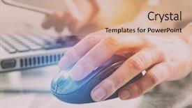  Presentation with notebook - PPT theme consisting of hand on computer mouse background and a coral colored foreground