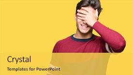  Presentation with young man and a woman - Beautiful presentation design featuring hand on face covering eyes backdrop and a yellow colored foreground