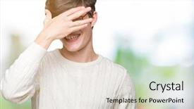  Presentation with elegant man in glasses optics - Amazing presentation theme having hand on face covering eyes backdrop and a  colored foreground