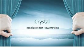  Presentation with blue curtain - Presentation theme consisting of opulent - close up of hand opening background and a sky blue colored foreground