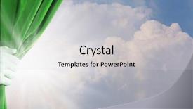  Presentation with green curtain - Slide deck enhanced with hand opening green curtain background and a light gray colored foreground