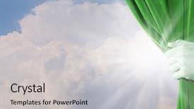  Presentation with green curtain - Presentation design having hand opening green curtain background and a light gray colored foreground