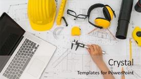  Presentation with construction tools - Beautiful presentation theme featuring hand over construction plans backdrop and a soft green colored foreground