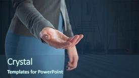  Presentation with hand touching finger digital - PPT theme enhanced with hand palm open and dark background and a ocean colored foreground