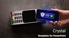  Presentation with terminal - Presentation consisting of hand paying on terminal with smartphone in secure payment system background and a wine colored foreground