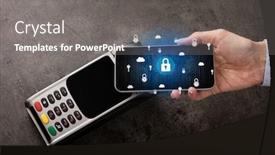  Presentation with pos - Presentation design featuring hand paying with cellphone on pos secure payment concept background and a gray colored foreground