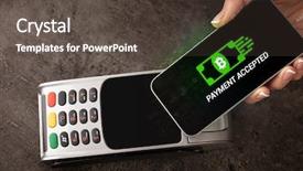  Presentation with hand touching finger digital - Beautiful PPT layouts featuring hand paying with digital currency backdrop and a dark gray colored foreground