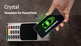  Presentation with mobile technology - PPT layouts featuring hand paying with digital currency background and a dark gray colored foreground