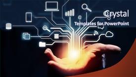  Presentation with cloud computing - Cool new slide deck with hand plams - close up of businessperson presenting backdrop and a navy blue colored foreground