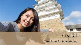  Presentation with photo album of journey honeymoon - PPT theme enhanced with hand plams - young woman taking photo background and a coral colored foreground