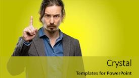  Presentation with raising the bar - PPT theme with hand pointing - handsome young man raising his background and a gold colored foreground