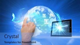  Presentation with people hold hand around globe - Audience pleasing PPT layouts consisting of hand pointing against global technology backdrop and a light blue colored foreground