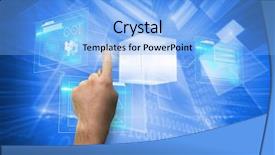  Presentation with shiny - Presentation having hand pointing against shiny technological background background and a light blue colored foreground