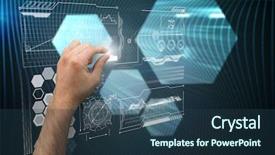  Presentation with hexagons - PPT layouts with hand presenting against shiny hexagons on black background background and a ocean colored foreground