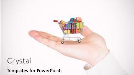  Presentation with gifts - Colorful presentation theme enhanced with hand presenting against trolley full of gifts backdrop and a pink colored foreground
