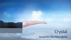  Presentation with blue sky - Theme with hand presenting the word php background and a light blue colored foreground