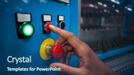  Presentation with electric dam - Presentation design with hand pressing a red button background and a ocean colored foreground