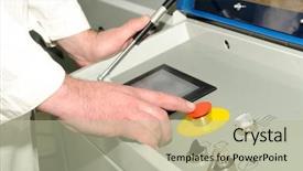  Presentation with alarm - Presentation theme having hand pressing red alarm button background and a mint green colored foreground