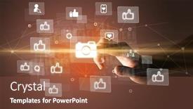  Presentation with social media - Colorful slide set enhanced with hand-pressing-social-media-multimedia backdrop and a tawny brown colored foreground