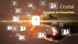  Presentation with social media - Audience pleasing PPT layouts consisting of hand-pressing-social-media-multimedia backdrop and a tawny brown colored foreground