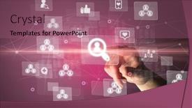  Presentation with social media - PPT theme consisting of hand-pressing-social-media-multimedia background and a violet colored foreground