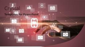  Presentation with application - Slide deck with hand-pressing-social-media-multimedia background and a coral colored foreground