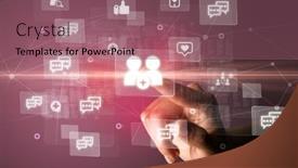  Presentation with application - Slides enhanced with hand-pressing-social-media-multimedia background and a violet colored foreground