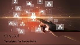  Presentation with application - Slide set with hand-pressing-social-media-multimedia background and a tawny brown colored foreground