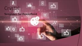  Presentation with application - Slide deck having hand-pressing-social-media-multimedia background and a violet colored foreground