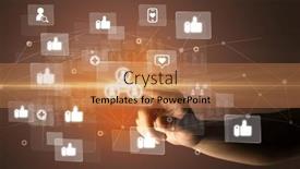  Presentation with application - Presentation theme consisting of hand-pressing-social-media-multimedia background and a coral colored foreground