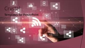  Presentation with social media - Presentation design featuring hand-pressing-social-media-multimedia background and a violet colored foreground