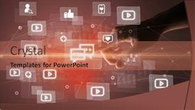  Presentation with application - Presentation theme with hand-pressing-social-media-multimedia background and a coral colored foreground